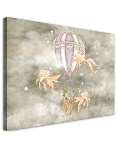Leinwandbild - Heißluftballon fliegendes Haus und Fisch | Feeby