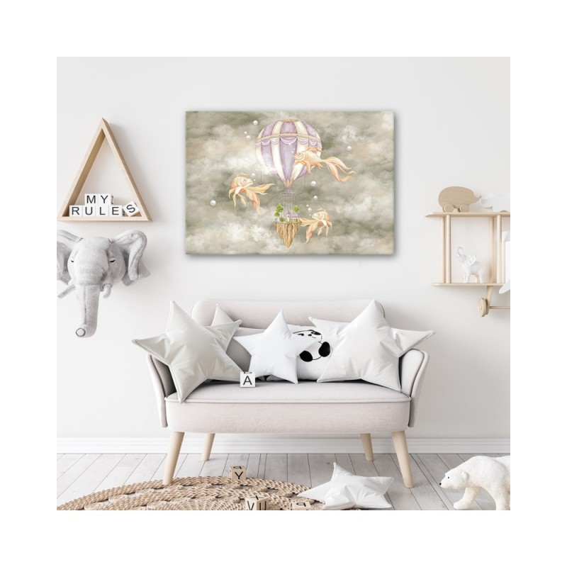 Leinwandbild - Heißluftballon fliegendes Haus und Fisch | Feeby