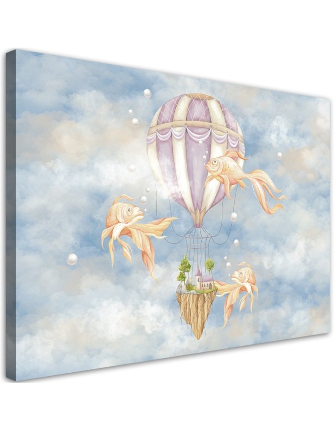 Leinwandbild - Heißluftballon fliegendes Haus und Fisch | Feeby