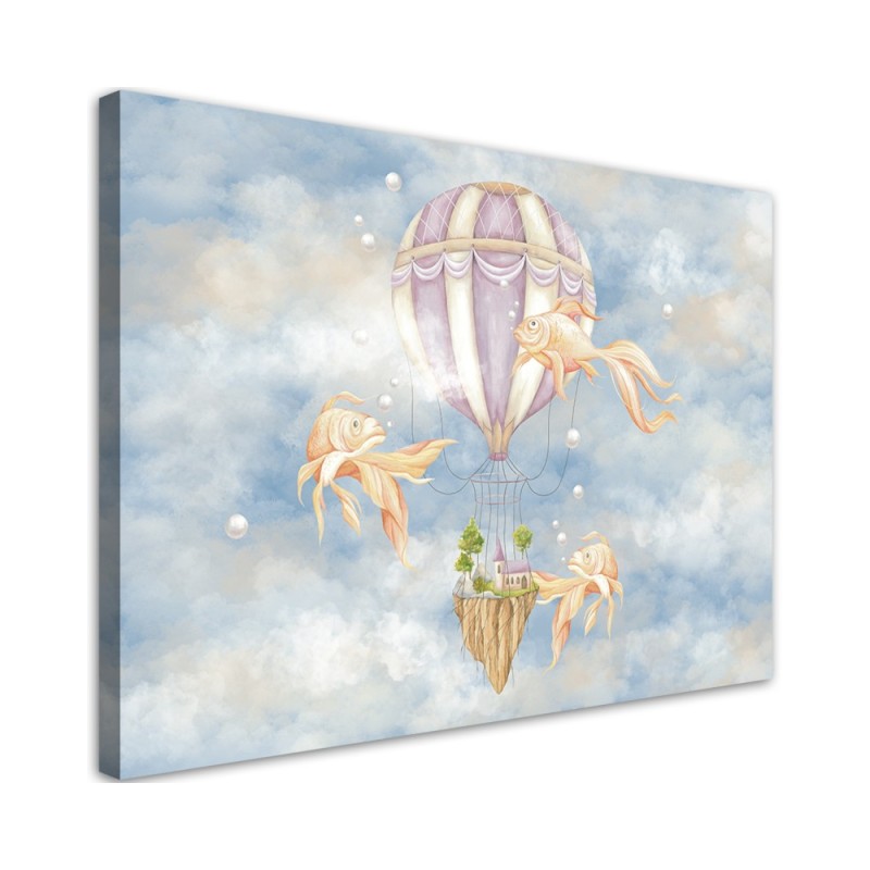 Leinwandbild - Heißluftballon fliegendes Haus und Fisch | Feeby