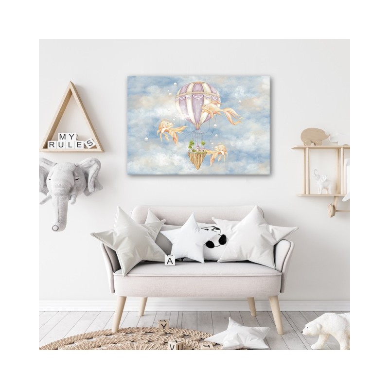 Leinwandbild - Heißluftballon fliegendes Haus und Fisch | Feeby