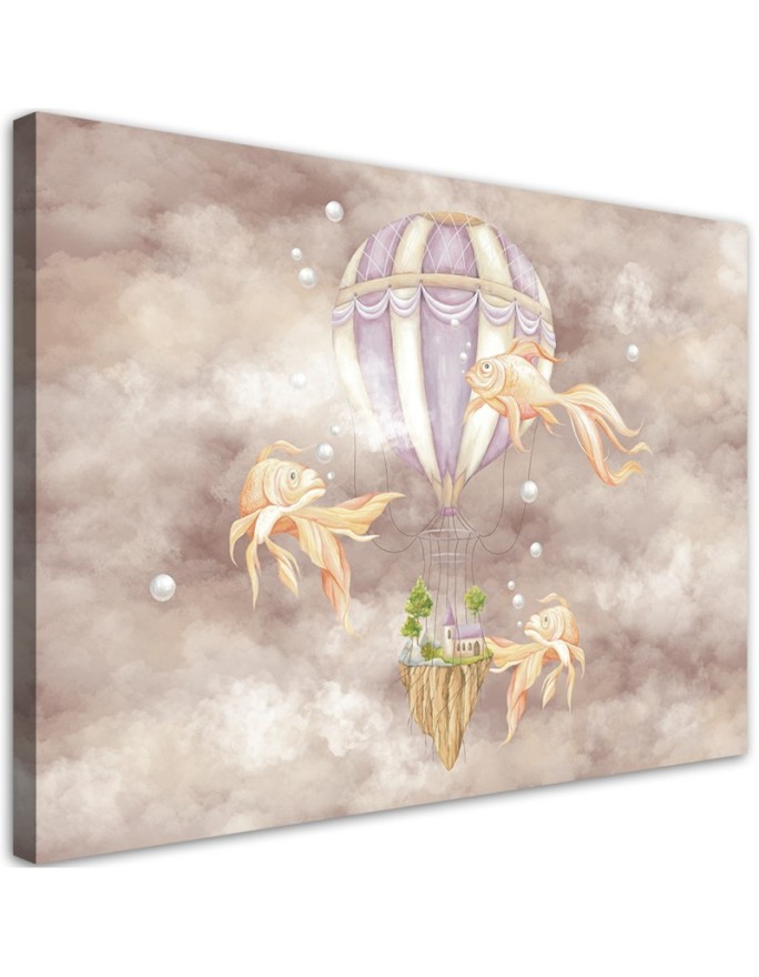 Leinwandbild - Heißluftballon fliegendes Haus und Fisch | Feeby