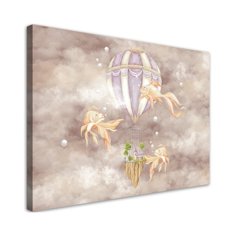 Leinwandbild - Heißluftballon fliegendes Haus und Fisch | Feeby
