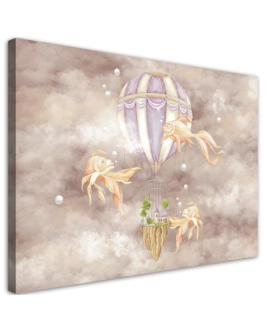 Leinwandbild - Heißluftballon fliegendes Haus und Fisch | Feeby