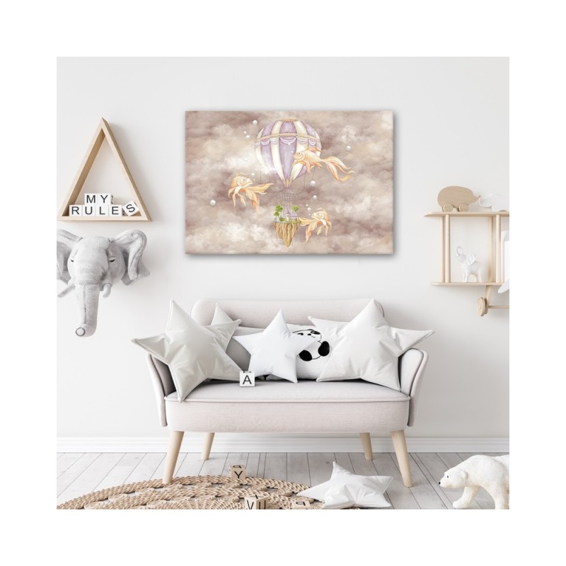 Leinwandbild - Heißluftballon fliegendes Haus und Fisch | Feeby