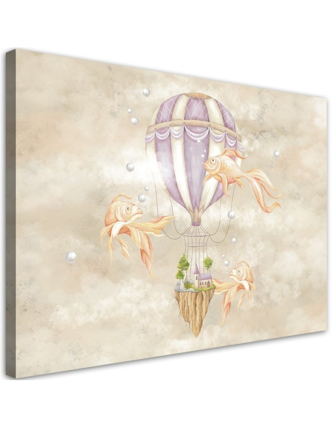Leinwandbild - Heißluftballon fliegendes Haus und Fisch | Feeby