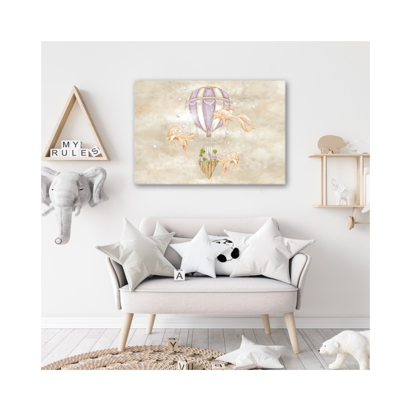 Leinwandbild - Heißluftballon fliegendes Haus und Fisch | Feeby