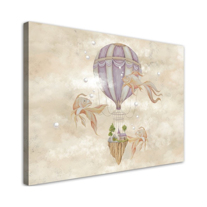 Leinwandbild - Heißluftballon fliegendes Haus und Fisch | Feeby