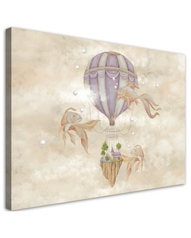 Leinwandbild - Heißluftballon fliegendes Haus und Fisch | Feeby