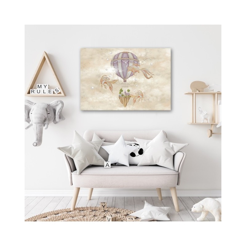 Leinwandbild - Heißluftballon fliegendes Haus und Fisch | Feeby