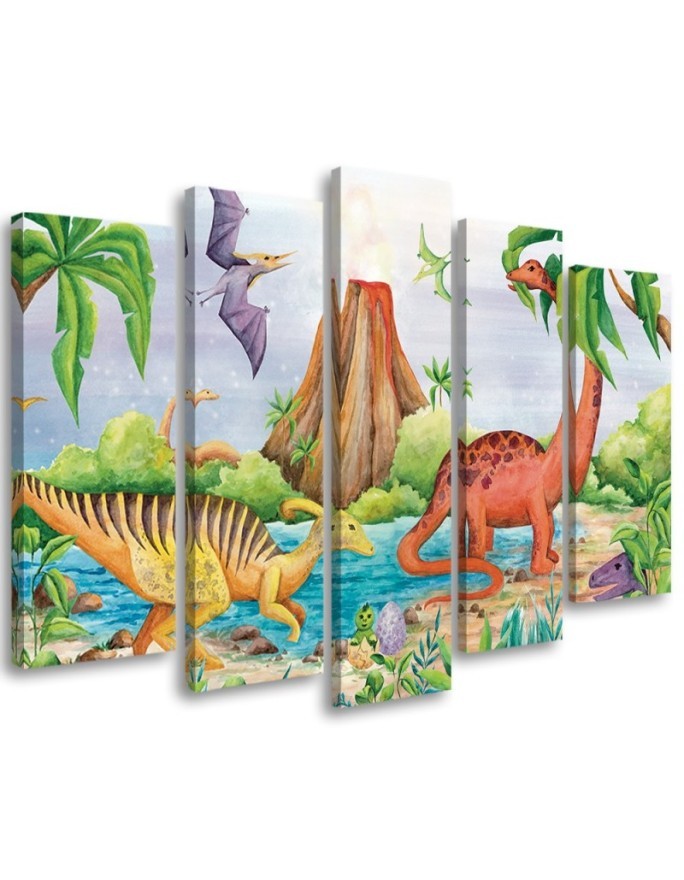 Obraz do pokoju dziecka pięcioczęściowy - Dinozaury nad jeziorem