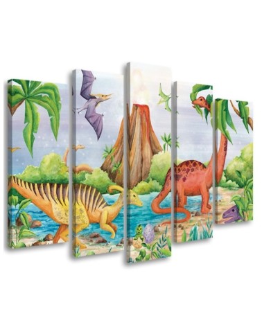 Canvas print for children's room five-piece - Dinosaurs at the lake | FEEBY