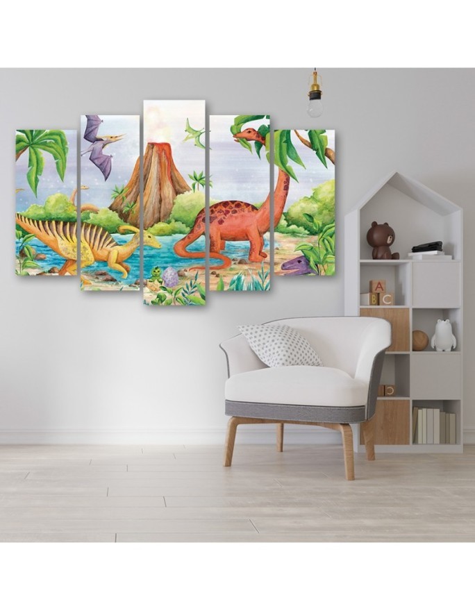 Obraz do pokoju dziecka pięcioczęściowy - Dinozaury nad jeziorem