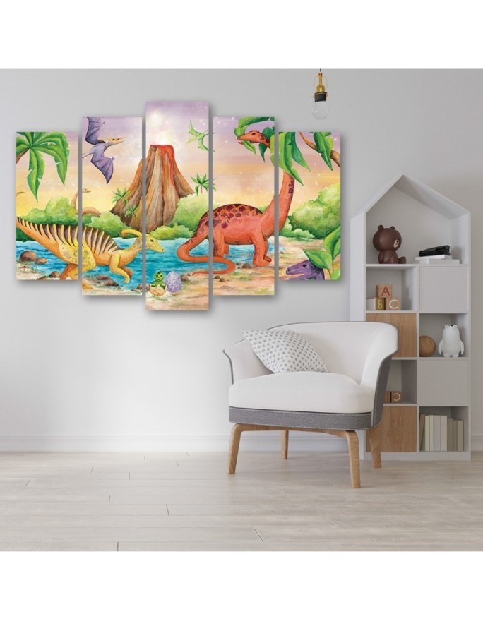 Obraz do pokoju dziecka pięcioczęściowy - Dinozaury nad jeziorem