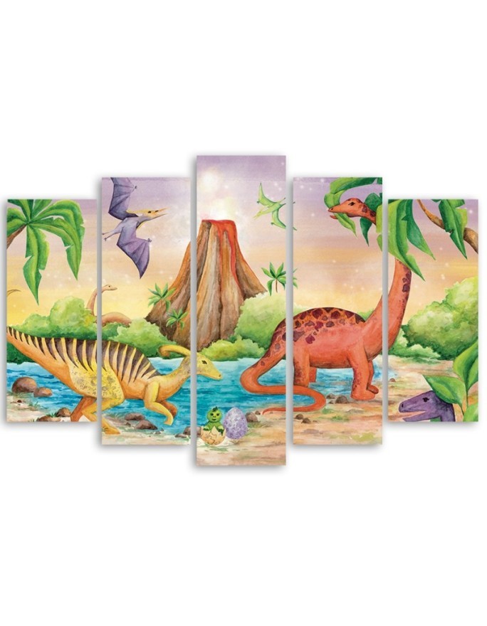 Obraz do pokoju dziecka pięcioczęściowy - Dinozaury nad jeziorem