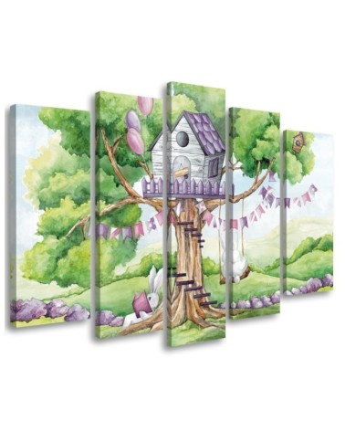 Children's painting five-part - White rabbits tree hut | FEEBY