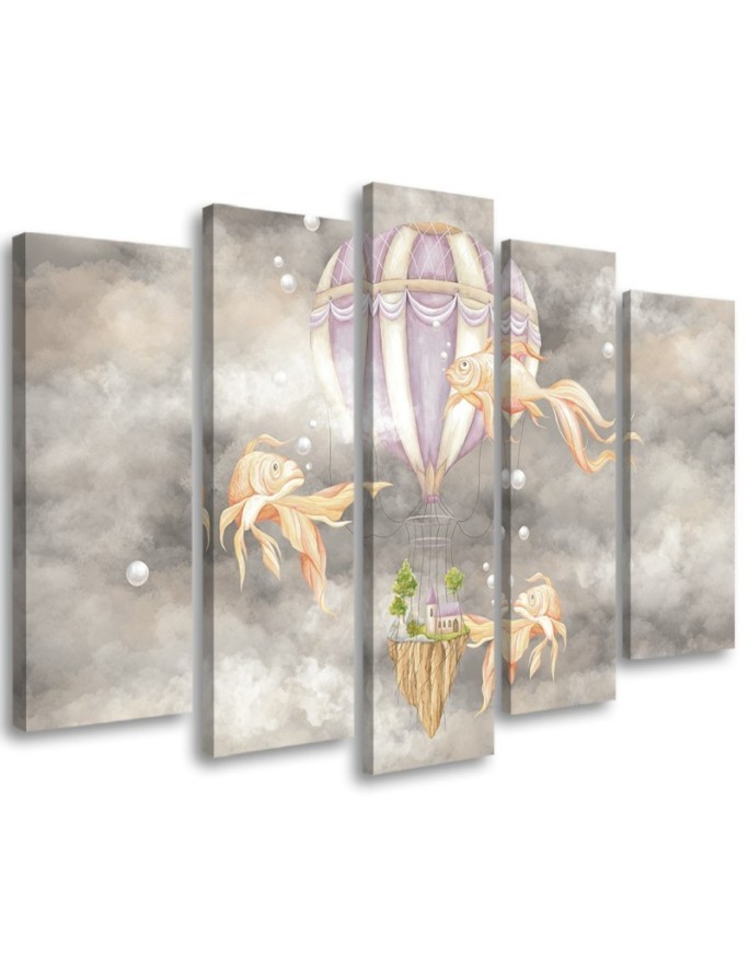 Leinwanddruck - Heißluftballon fliegendes Haus und Fisch | Feeby