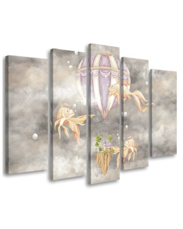 Canvas prints for children 5 parts - Hot air balloon flying house and fish | FEEBY