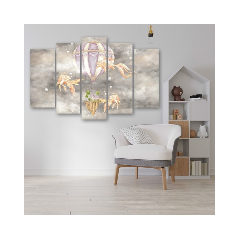 Leinwanddruck - Heißluftballon fliegendes Haus und Fisch | Feeby