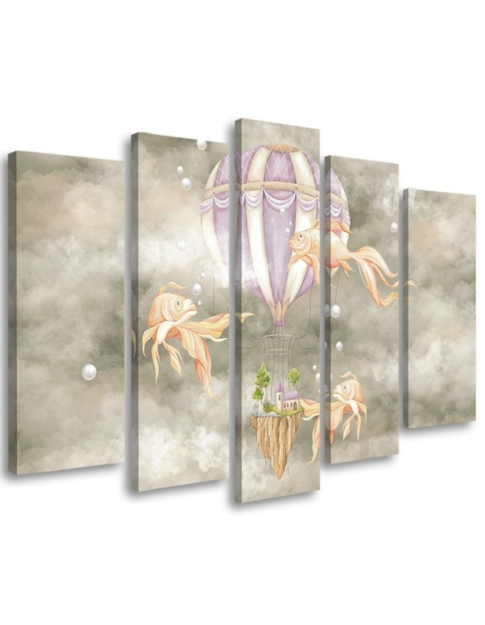 Leinwandbild - Heißluftballon fliegendes Haus und Fisch | Feeby