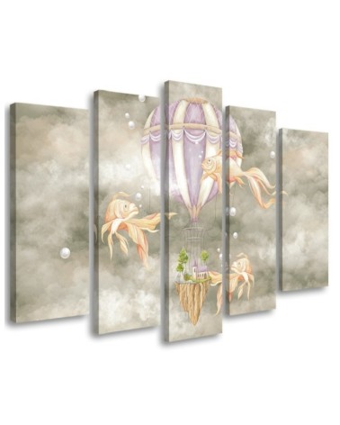 Canvas prints for children 5 parts - Hot air balloon flying house and fish | FEEBY