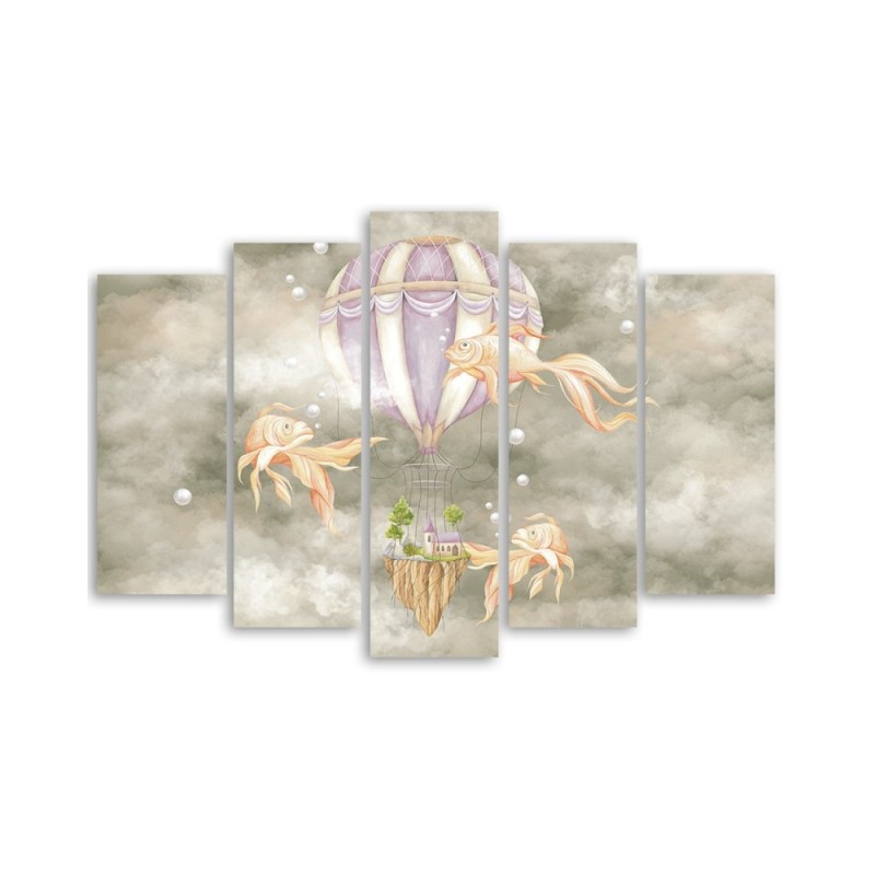 Leinwandbild - Heißluftballon fliegendes Haus und Fisch | Feeby