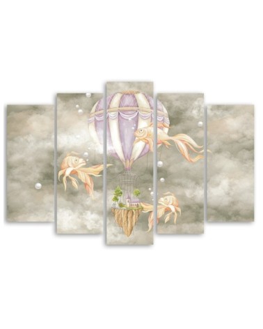 Leinwandbild - Heißluftballon fliegendes Haus und Fisch | Feeby