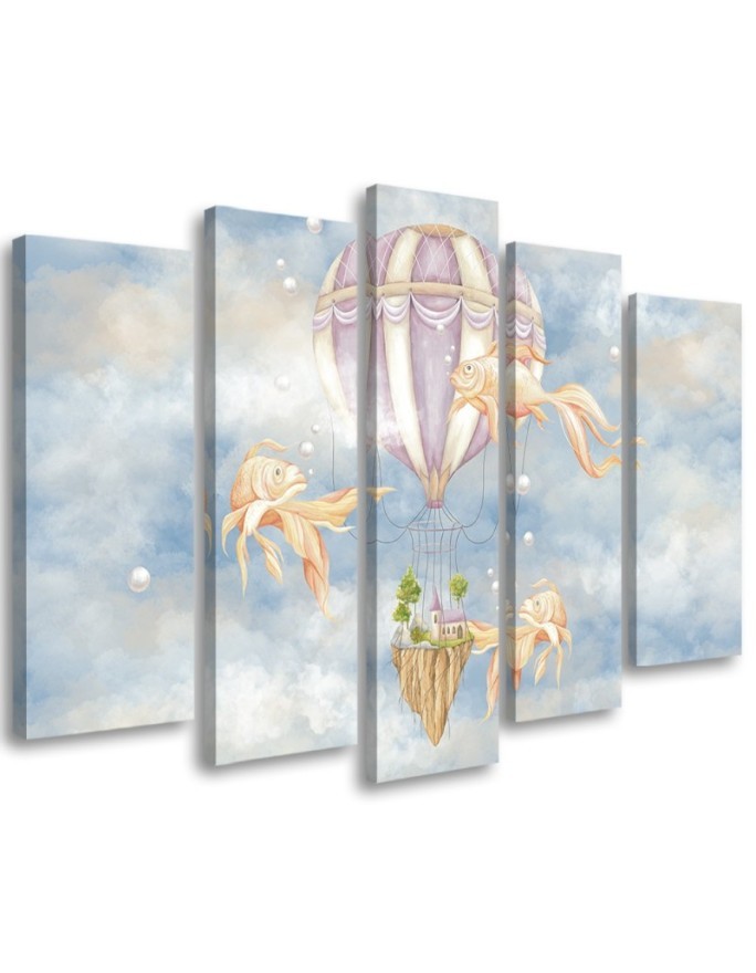 Leinwandbild - Heißluftballon fliegendes Haus und Fisch | Feeby