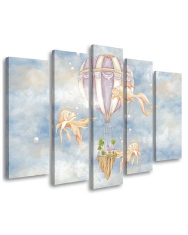 Canvas prints for children 5 parts - Hot air balloon flying house and fish | FEEBY