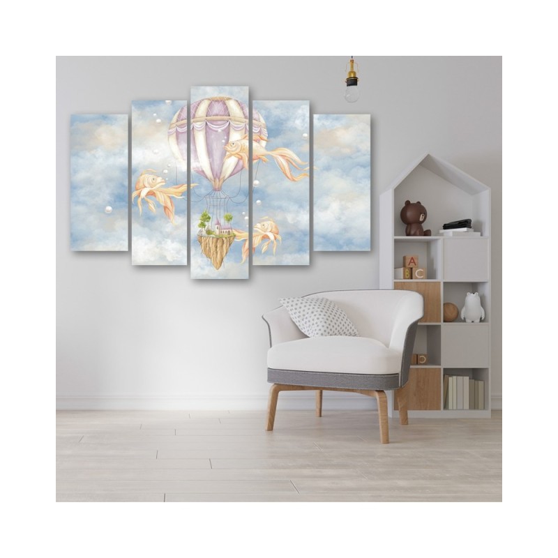 Leinwandbild - Heißluftballon fliegendes Haus und Fisch | Feeby