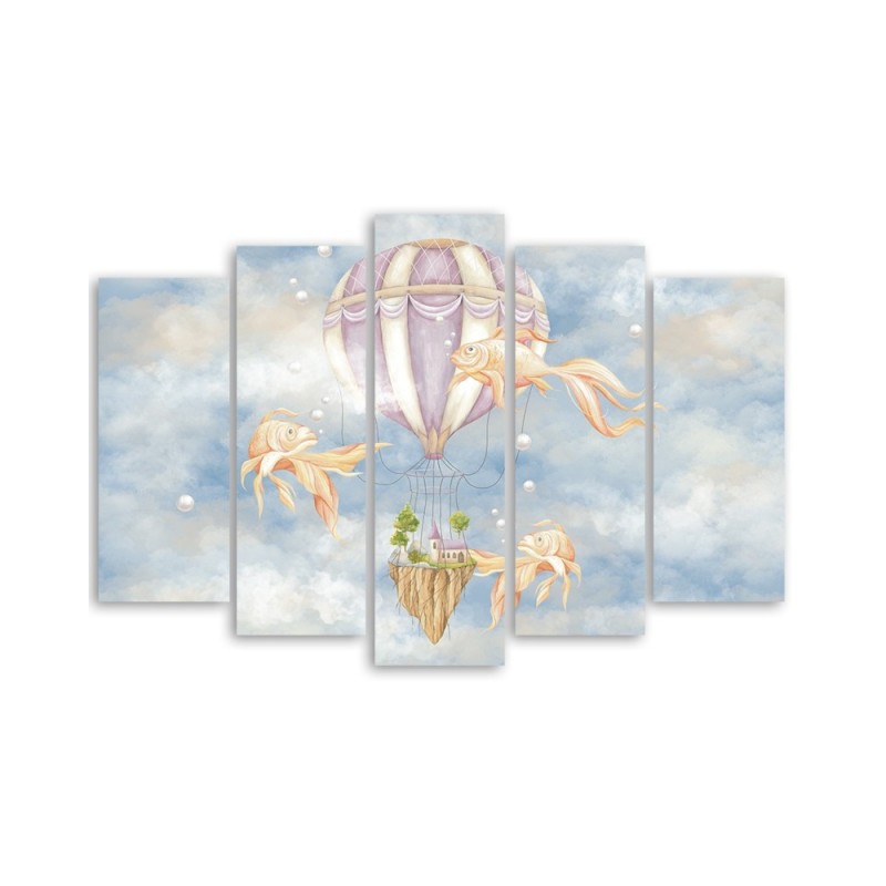 Leinwandbild - Heißluftballon fliegendes Haus und Fisch | Feeby