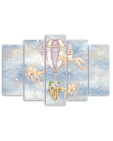 Leinwandbild - Heißluftballon fliegendes Haus und Fisch | Feeby