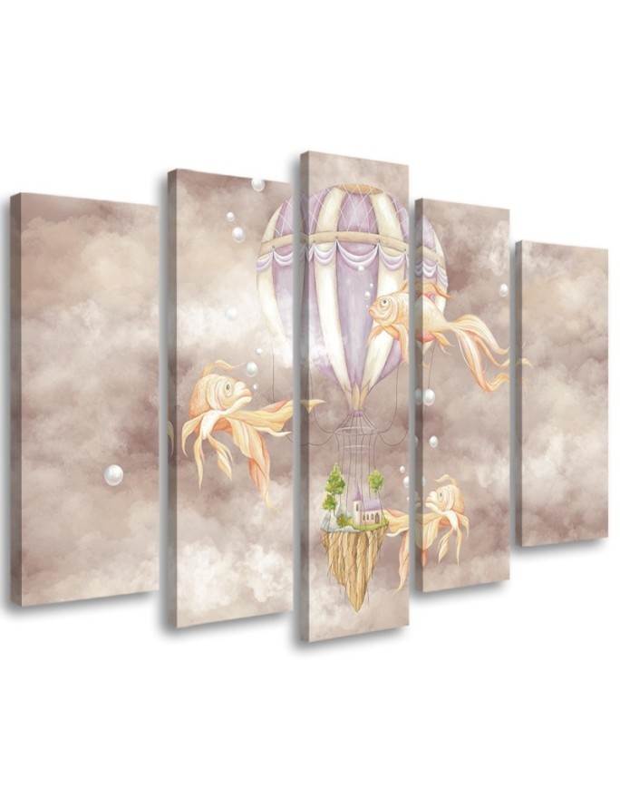 Leinwandbild - Heißluftballon fliegendes Haus und Fisch | Feeby