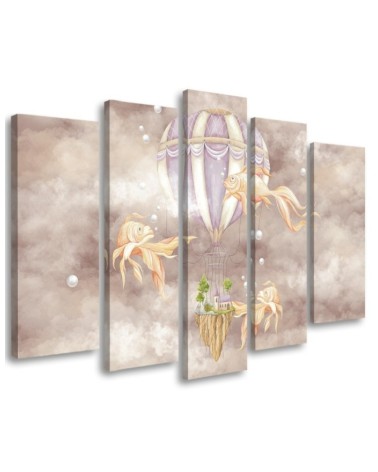 Canvas prints for children 5 parts - Hot air balloon flying house and fish | FEEBY