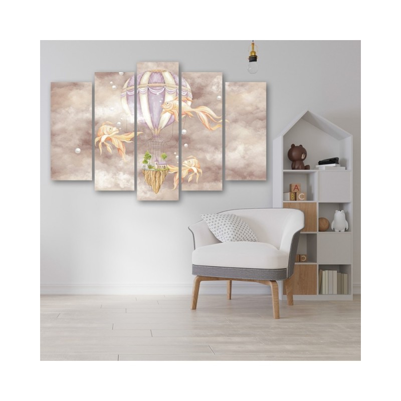 Leinwandbild - Heißluftballon fliegendes Haus und Fisch | Feeby