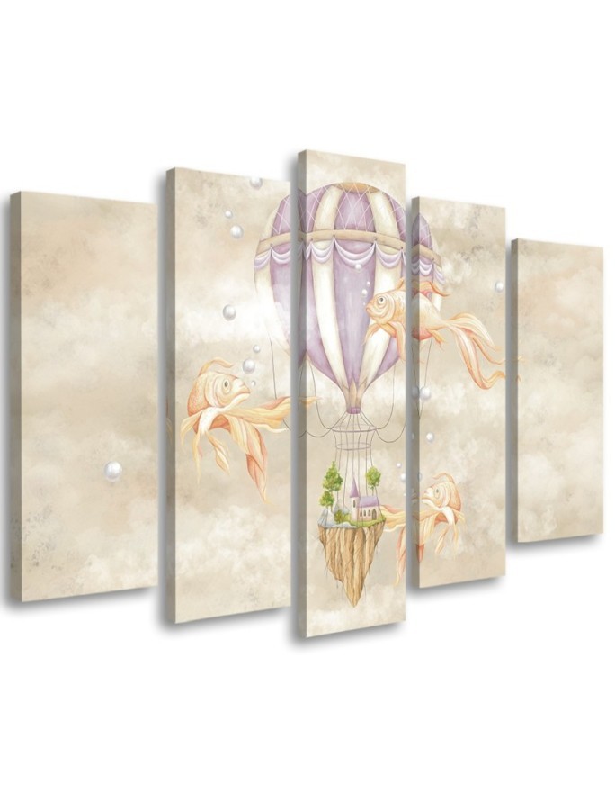 Leinwandbild - Heißluftballon fliegendes Haus und Fisch | Feeby