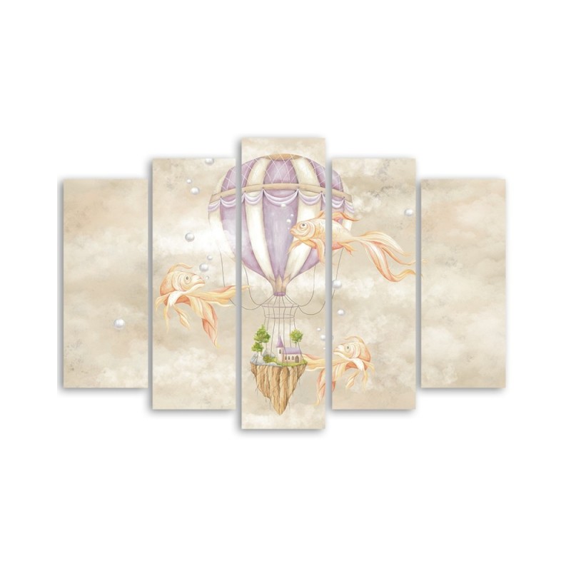 Leinwandbild - Heißluftballon fliegendes Haus und Fisch | Feeby