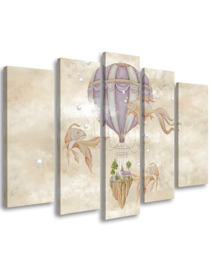 Leinwandbild - Heißluftballon fliegendes Haus und Fisch | Feeby