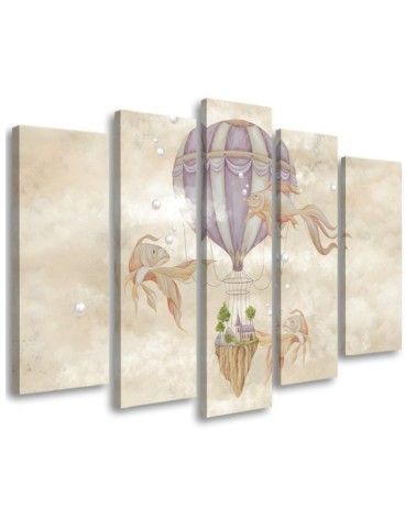 Canvas prints for children 5 parts - Hot air balloon flying house and fish | FEEBY