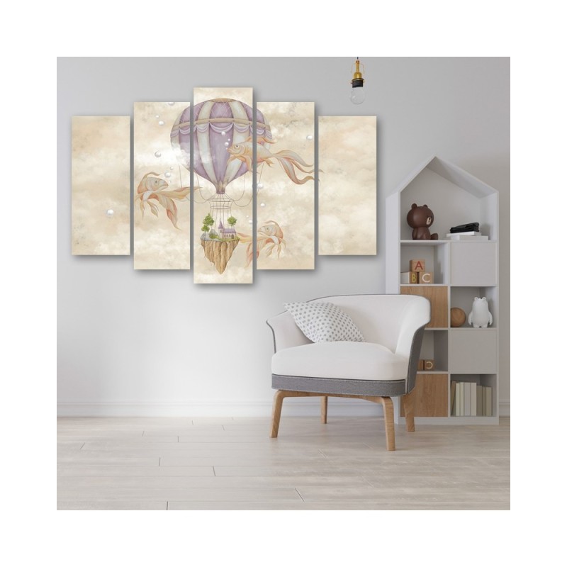 Leinwandbild - Heißluftballon fliegendes Haus und Fisch | Feeby