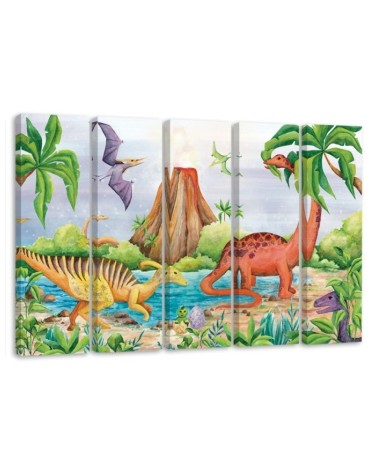 Canvas print for children's room five-piece - Dinosaurs at the lake | FEEBY