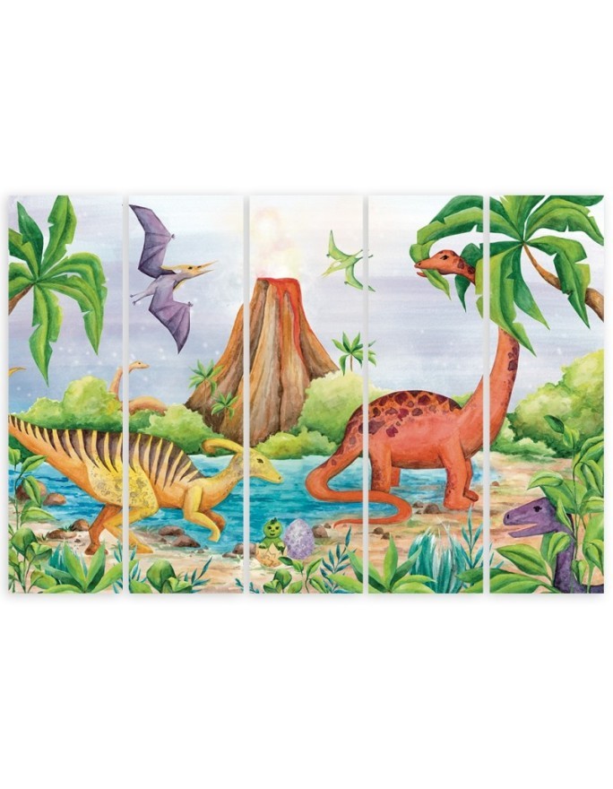 Obraz do pokoju dziecka pięcioczęściowy - Dinozaury nad jeziorem