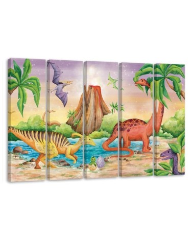 Children's room Canvas painting five-part - Dinosaurs by the lake | FEEBY