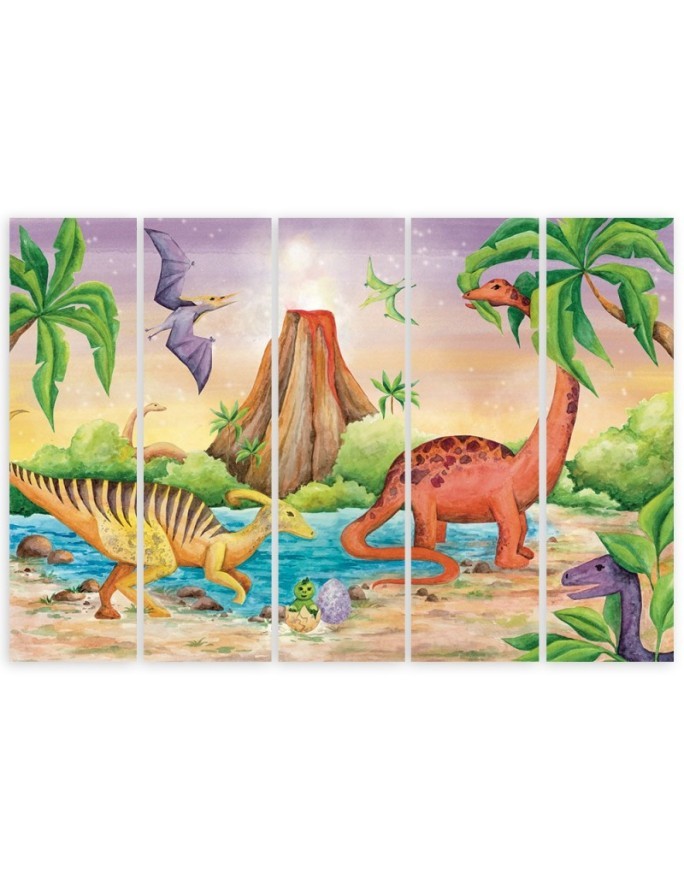 Obraz do pokoju dziecka pięcioczęściowy - Dinozaury nad jeziorem