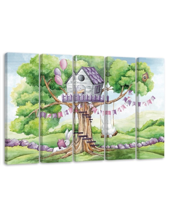 Leinwanddruck - Weiße Kaninchen Hütte auf dem Baum | Feeby