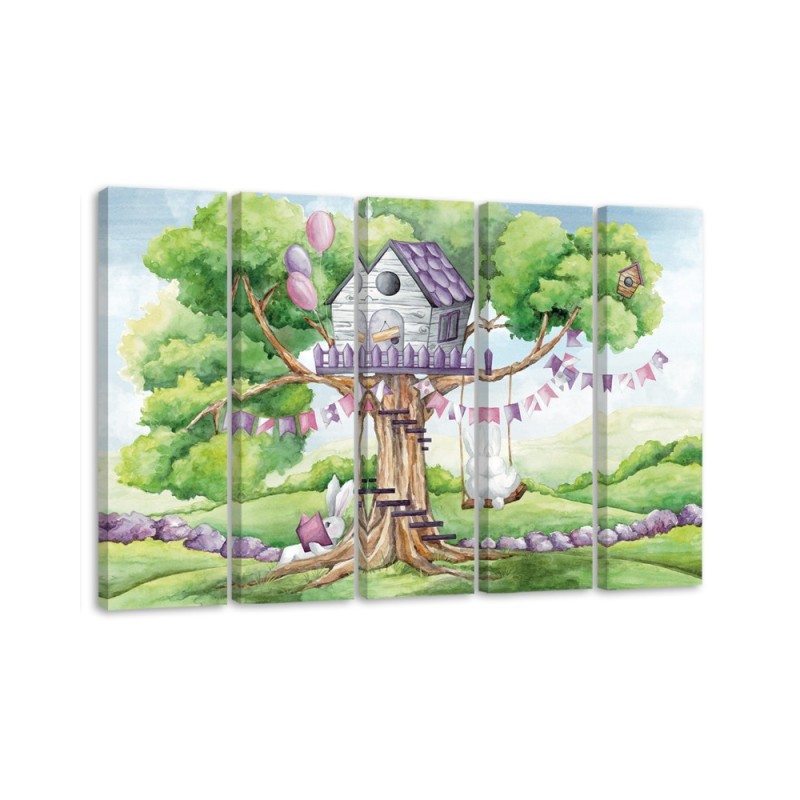 Leinwanddruck - Weiße Kaninchen Hütte auf dem Baum | Feeby