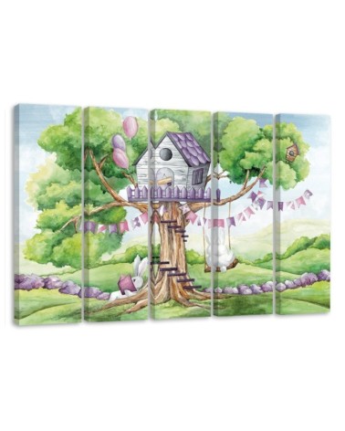 Children's Canvas painting five-part - White rabbits tree hut | FEEBY