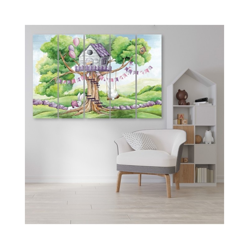 Leinwanddruck - Weiße Kaninchen Hütte auf dem Baum | Feeby