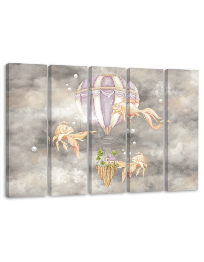 Leinwandbild - Heißluftballon fliegendes Haus und Fisch | Feeby