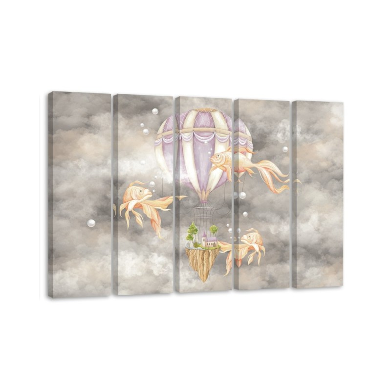 Leinwandbild - Heißluftballon fliegendes Haus und Fisch | Feeby